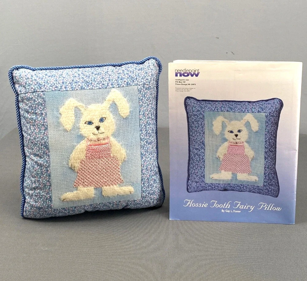 VTG Tooth Fairy Pillow Handmade Bunny Rabbit Needlepoint w Pattern Magazine OOAK